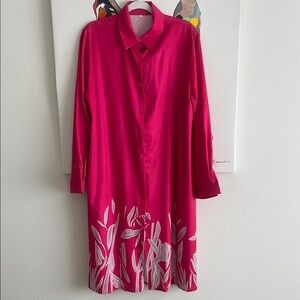 Pink Long Sleeve Dress with White Leaf Pattern